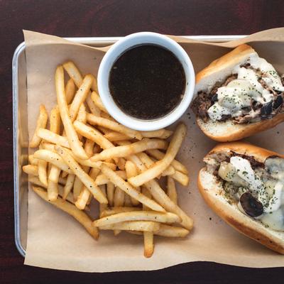 Sandwiches, fries and dip[