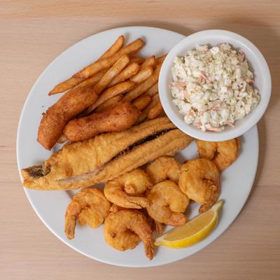 Deep fried fish and shrimp, served with fries, and coleslaw.