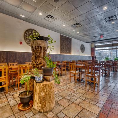 Interior featuring wooden tables, chairs, and potted plants.