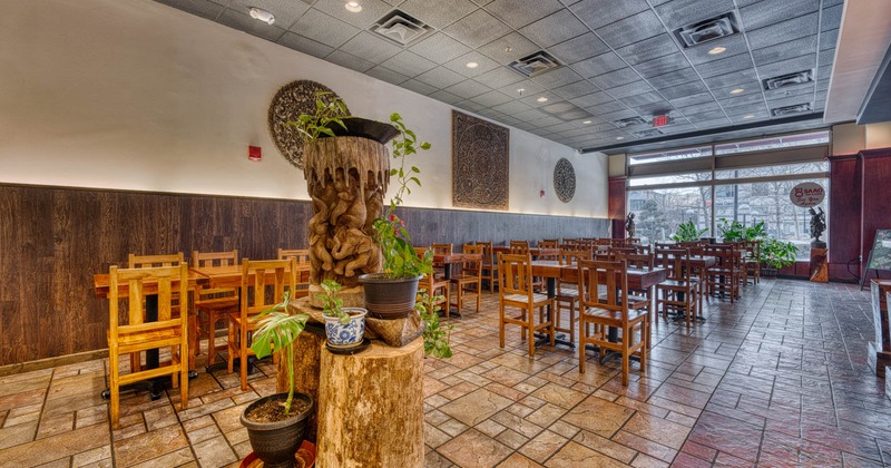 Interior, dining area, tables and chairs ready for guests, various plant decoration