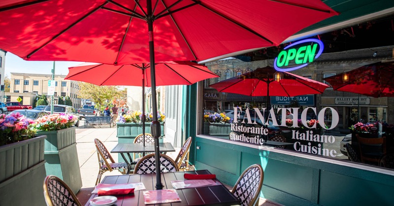 Patio area, red sun umbrellas