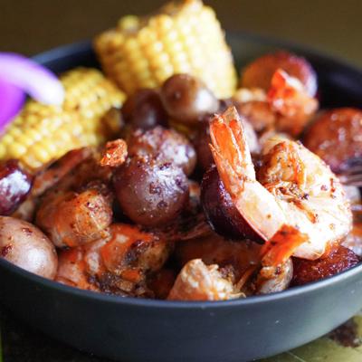 Close-up of a seafood boil.