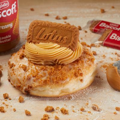 Bischoff cookie butter donut with cookie and crumb topping.
