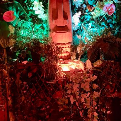 Outdoors, a wooden tiki statue surrounded by lush, vibrant greenery and flowers