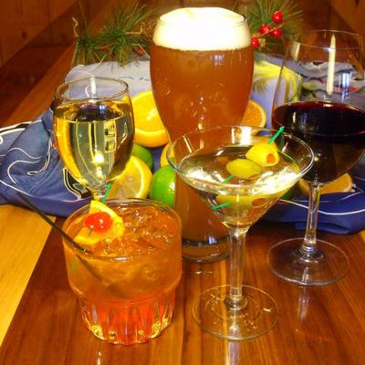 Assorted drinks on a table.