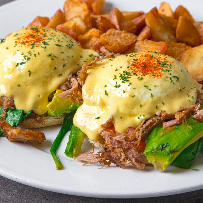 menu item 25 of 111, Kalua Pork, Avocado, Spinach & Tomato Benedict