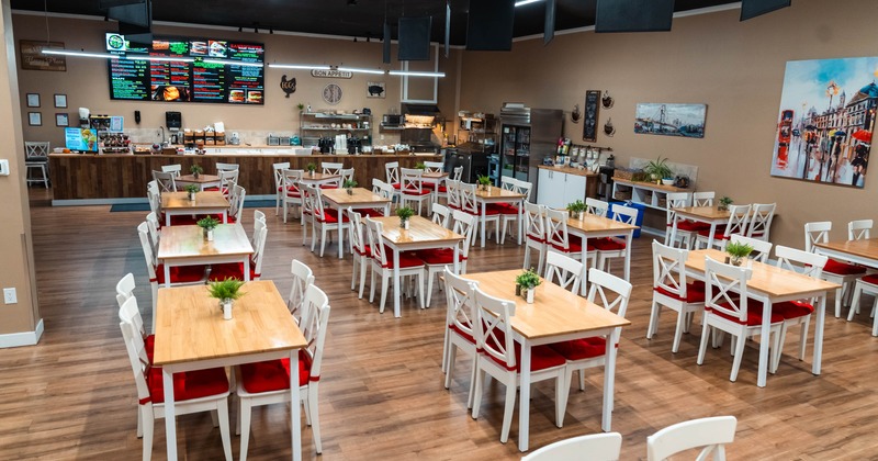 Interior, wide view, dining area