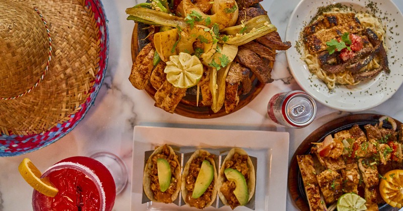 Assortment of dishes on a table, overhead view