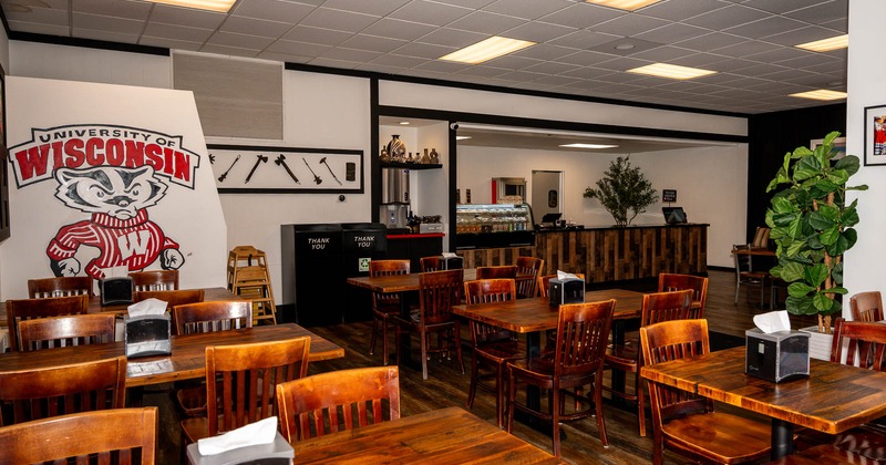 Interior, tables and chair with counter in the back