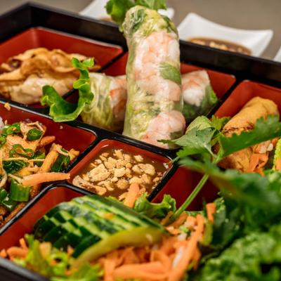 Sampler platter with various appetizers.