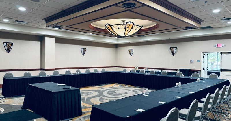 An interior of a dining hall