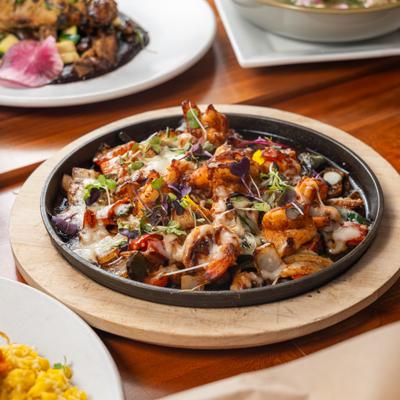 Served meals, angled view.