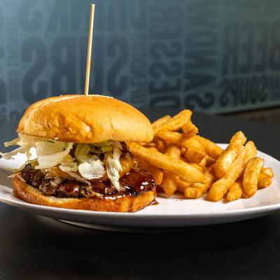 Impossible Hawaiian Teriyaki burger, with a side of fries.