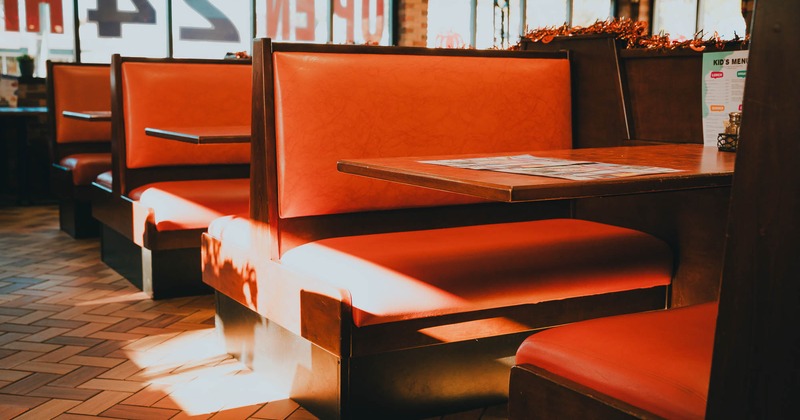 Dining area, restaurant booths lined up
