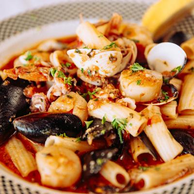 Frutti di Mare pasta dish in a spicy red sauce.