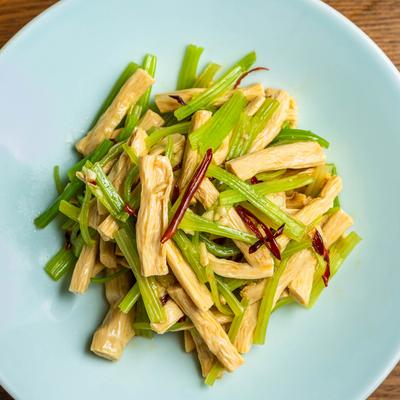 Fresh Soy Sticks, with celery, and dried chili.