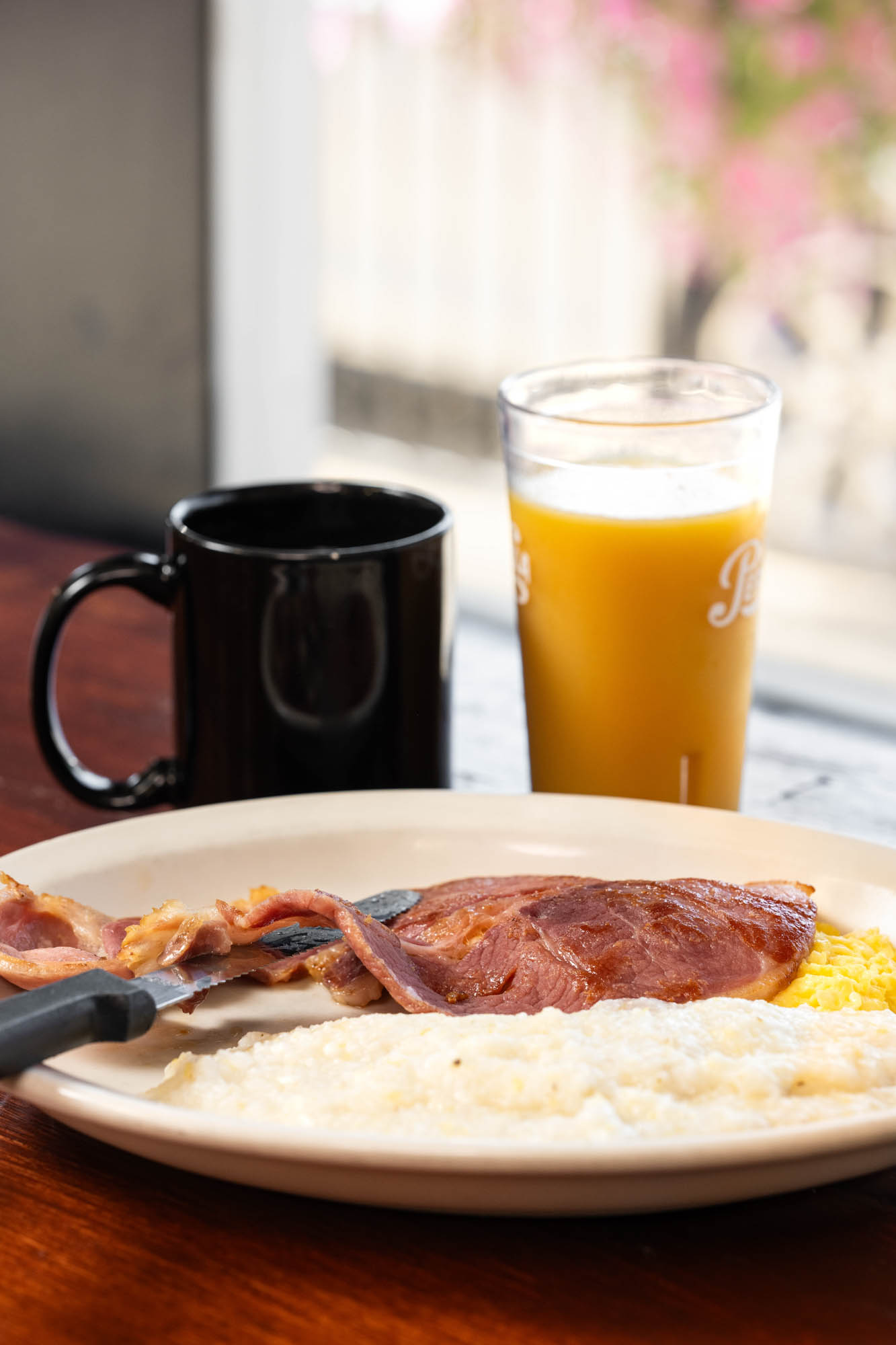 Country ham, scrambled eggs, and mashed potatoes