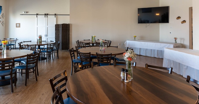 Interior, large hall for celebrations, tables and chairs