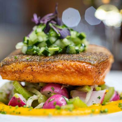 Pan seared fish filet with vegetables