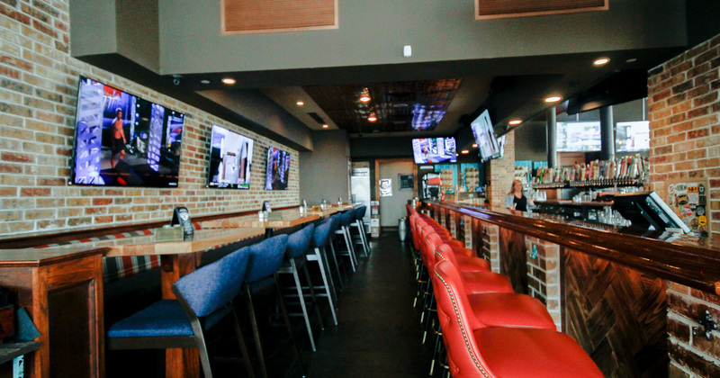 Interior, dining area with bar tables