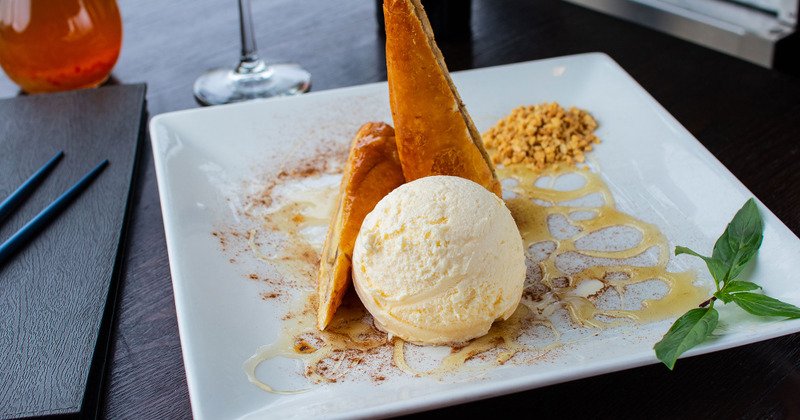 Dessert served with scoop of ice cream