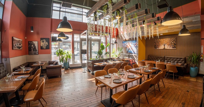 Interior, dining area, tables ready for guests
