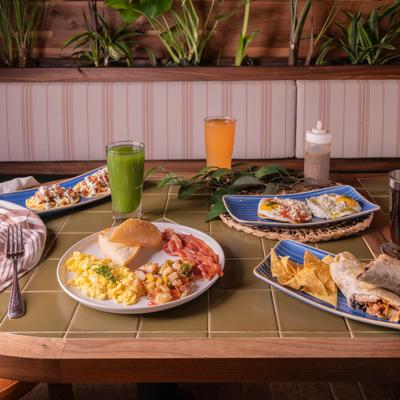 Assorted food and drinks.