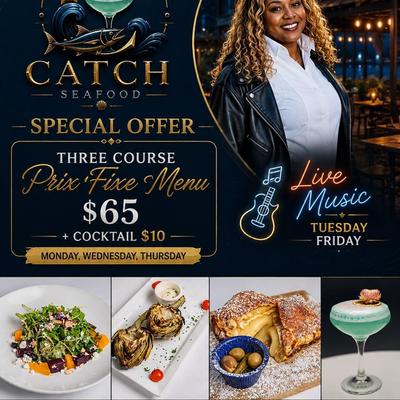 Promotional flyer featuring a three-course prix fixe menu and live music.