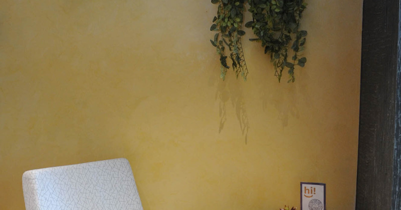 Interior details, yellow wall and a plant