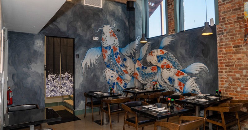 Cozy interior dining area of a sushi restaurant