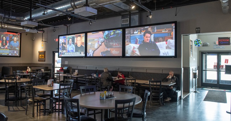Interior, seating area with few guests at the tables