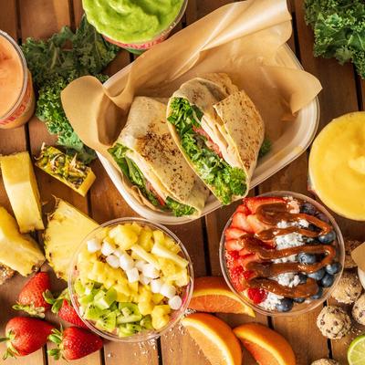 Food and drinks served on the table.