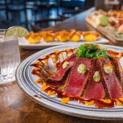 Seared tuna slices.
