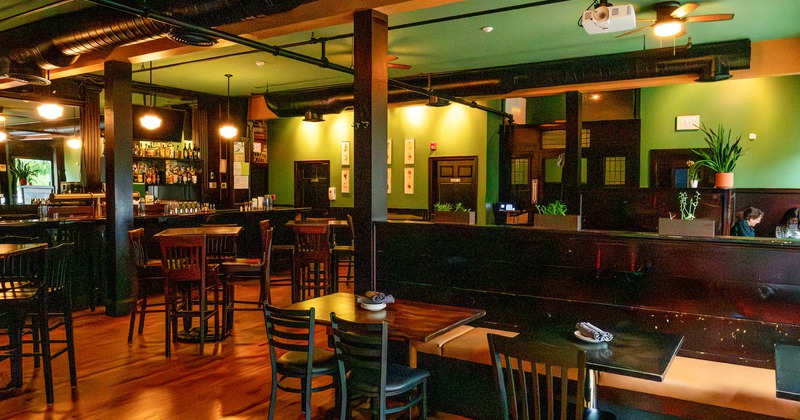 Interior, wooden furniture, green walls