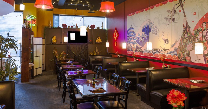 Interior, tables, chairs and booths, Japanese decor