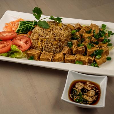 Fried rice with tofu and salad.