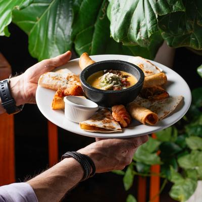 A person holding Mesa Sample Platter, hands shot.