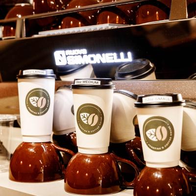 Paper cups and coffee mugs.