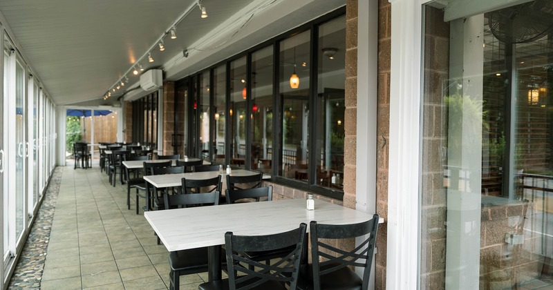 Covered patio, lined up dining tables