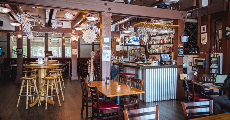 Interior, bar area, tables, chairs and bar stools