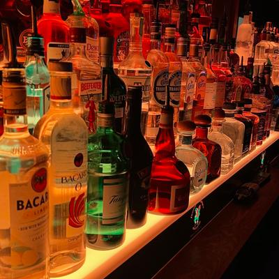 Assorted liquor bottles.