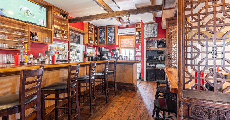 Interior, bar area, bar and bar stools