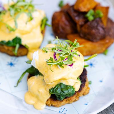 Crab cake Benny breakfast meal, closeup.