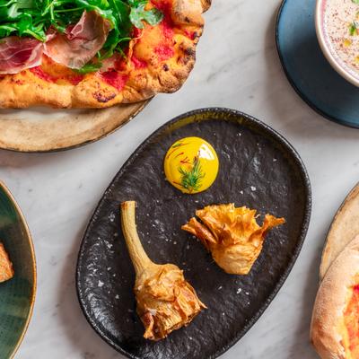 Assorted food plates, top view