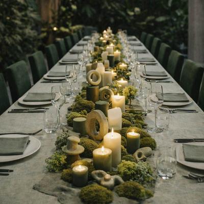Long dining table with candles and moss centerpiece.