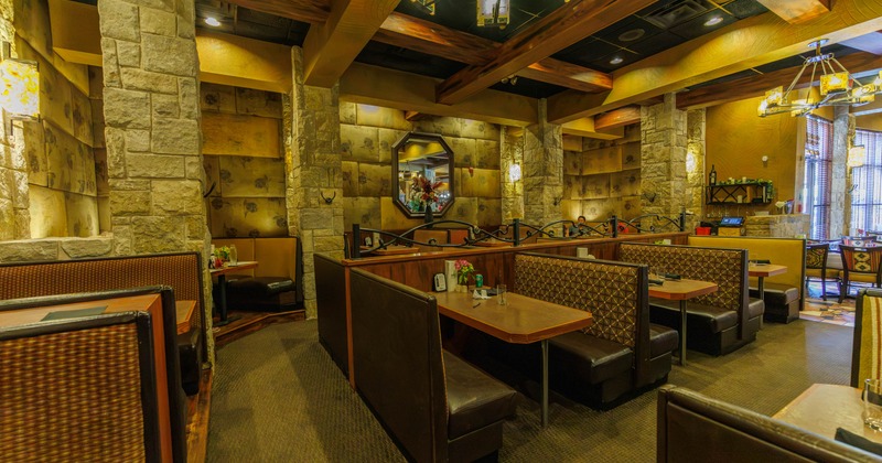 Interior, seating area with booths and tables
