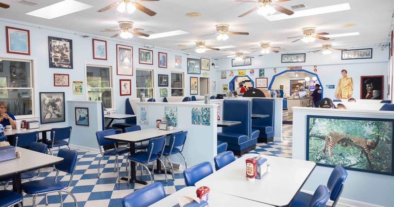 Interior, tables, chairs and restaurant booths in dining area