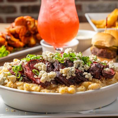 Mac and Cheese topped with steak and gorgonzola.