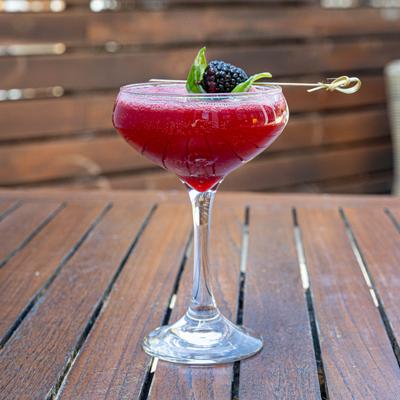 A red cocktail with a blackberry and leaf garnish in a coupe glass.