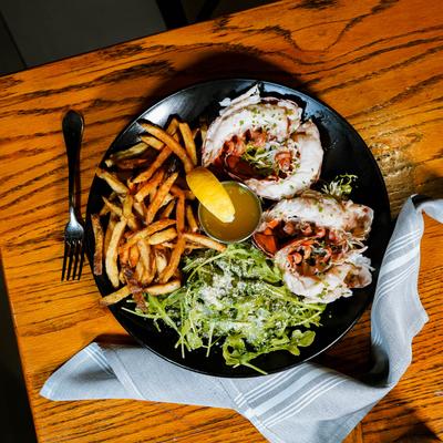 Lobster fritters, with fries and salad
